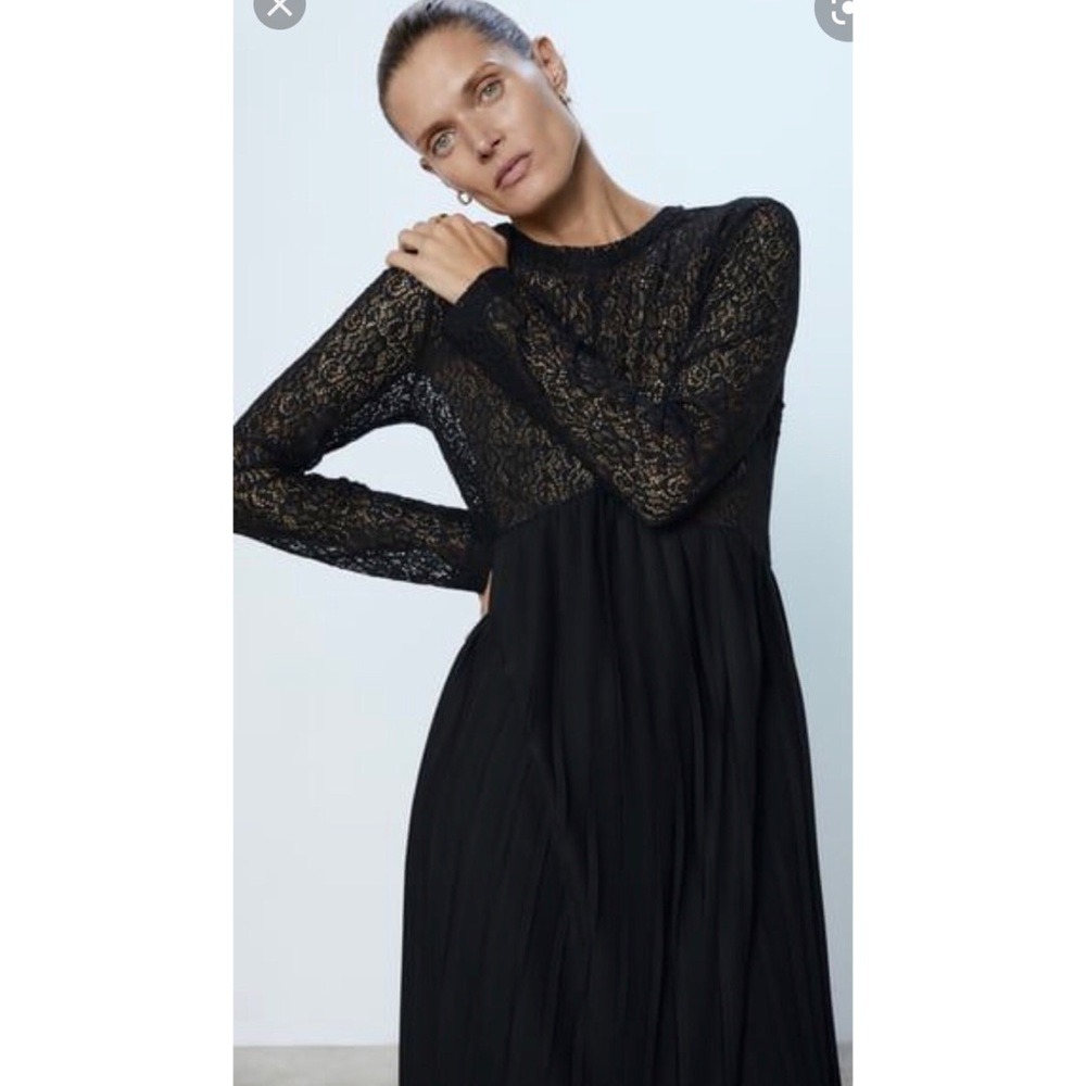 New Zara Black Lace Pleated Midi Dress Long Sleeve